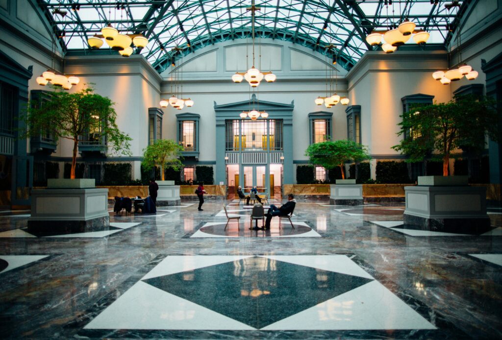 A stunning bank lobby in Fort Worth, Texas, showcasing the exceptional results of Bank Commercial Cleaning Fort Worth TX by Fort Worth Cleaning Professionals, radiating cleanliness and professionalism.