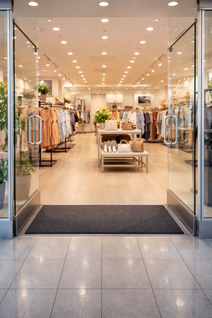 Crystal-clear retail storefront entrance with spotless glass doors, clean polished floors, and neatly organized displays creating a welcoming shopping environment.