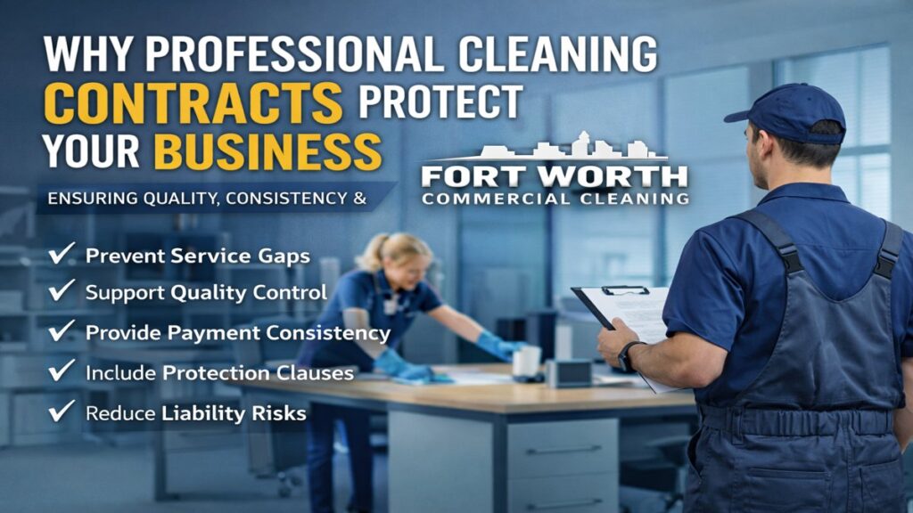Fort Worth commercial cleaning professionals performing quality control inspection during office cleaning service.