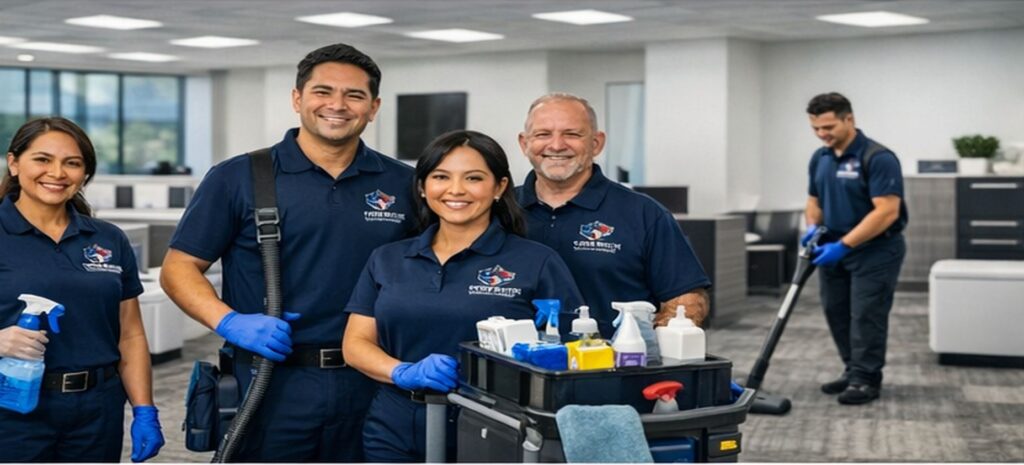 FWCP commercial cleaning team disinfecting office workspace at night during after-hours cleaning service in Fort Worth.
