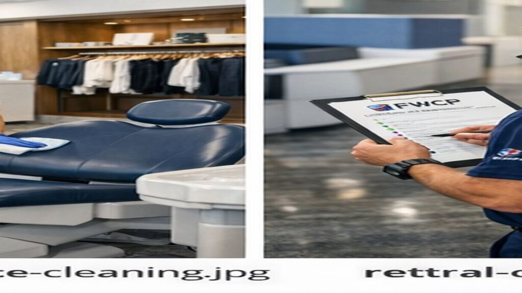 Fort Worth commercial cleaners from FWCP performing nightly office cleaning and sanitization after business hours.