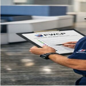 Fort Worth commercial cleaners from FWCP performing nightly office cleaning and sanitization after business hours.