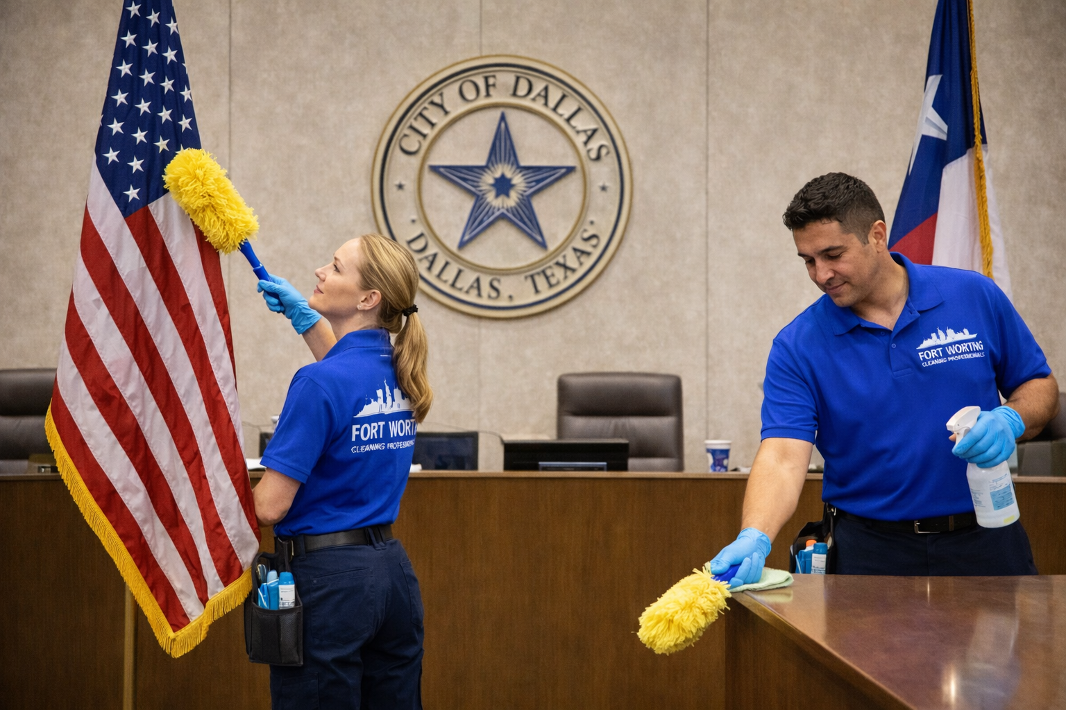 Fort Worth Cleaning Professionals team cleaning a Dallas government office, dusting flags and disinfecting surfaces in a civic building.