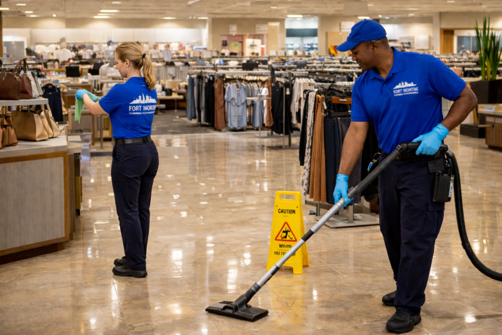 Fort Worth Cleaning Professionals team providing retail store cleaning, vacuuming floors and disinfecting surfaces in a clothing store.