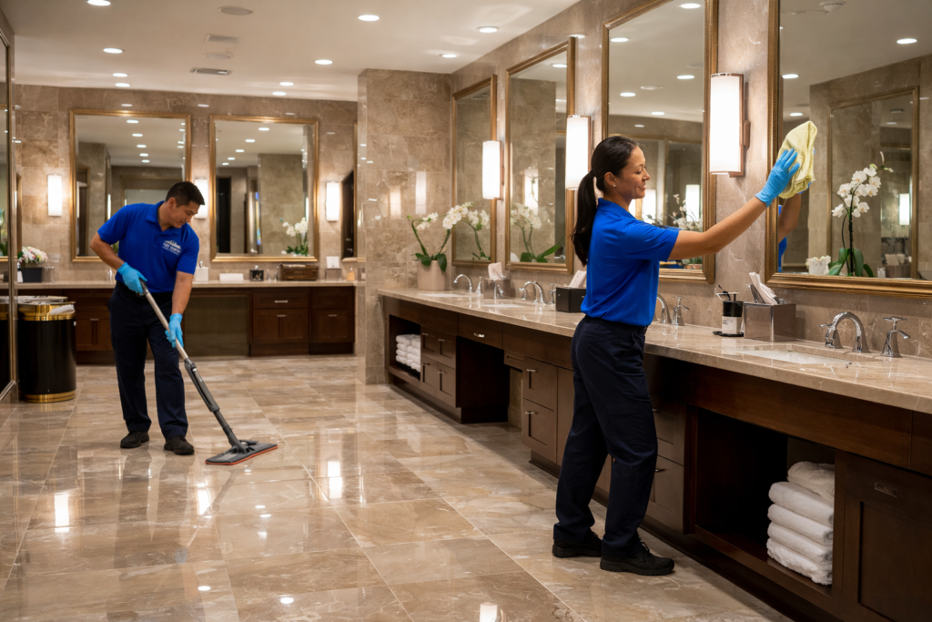 Fort Worth Cleaning Professionals team cleaning a luxury commercial restroom, mopping floors and polishing mirrors in a high-end facility.
