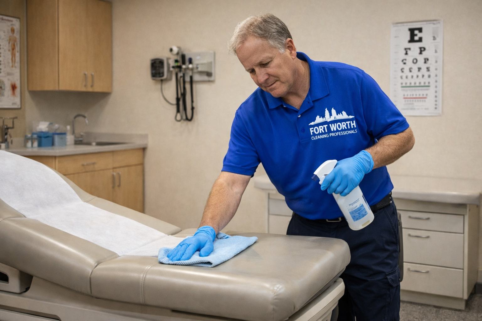 Fort Worth Cleaning Professionals staff member disinfecting a medical exam table in a healthcare office using a spray bottle and microfiber cloth.