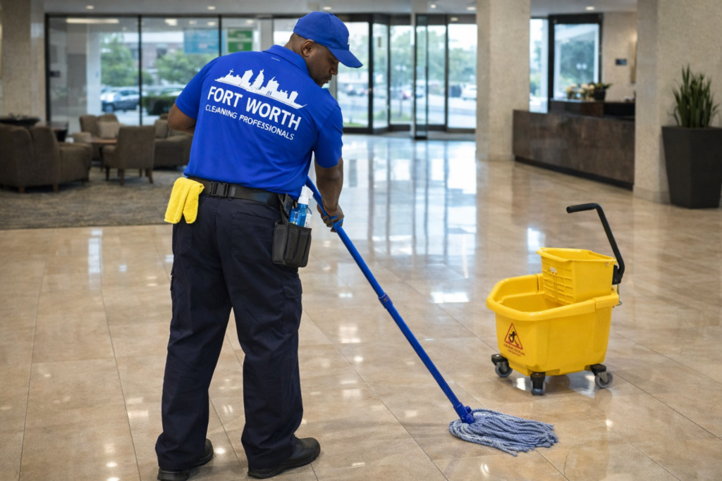 Fort Worth Cleaning Professionals staff member mopping a polished commercial lobby floor with a mop and bucket.