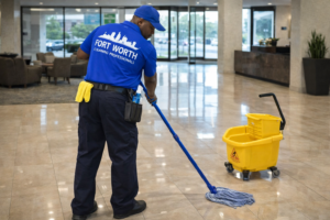 Fort Worth Cleaning Professionals staff member mopping a polished commercial lobby floor with a mop and bucket.