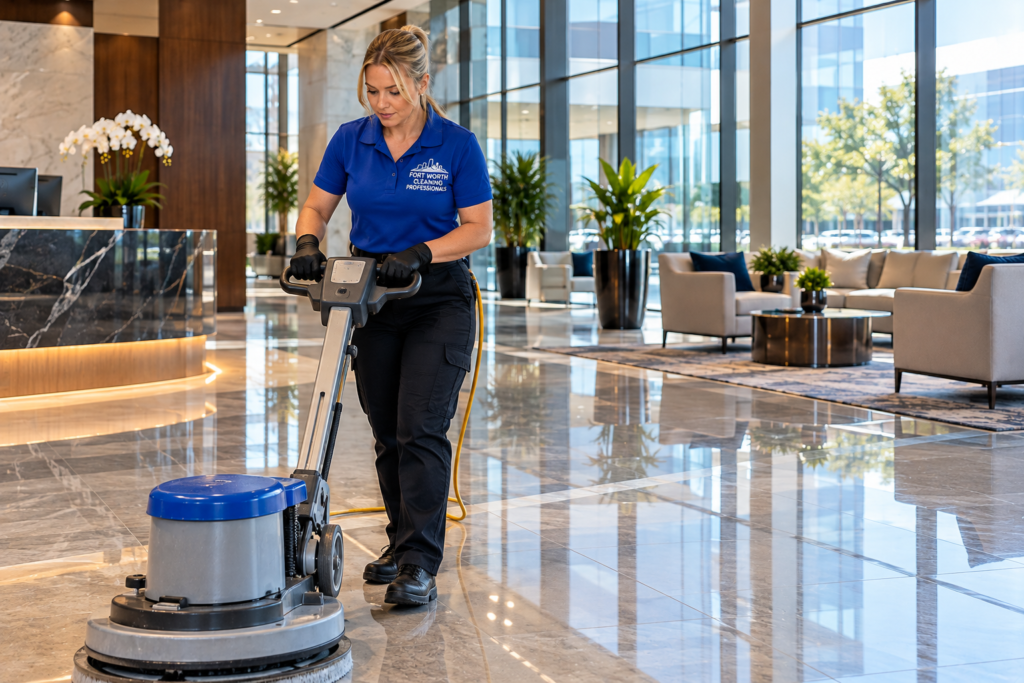 Professional commercial janitorial worker operating an industrial floor scrubber in a modern corporate office lobby in Fort Worth, TX.