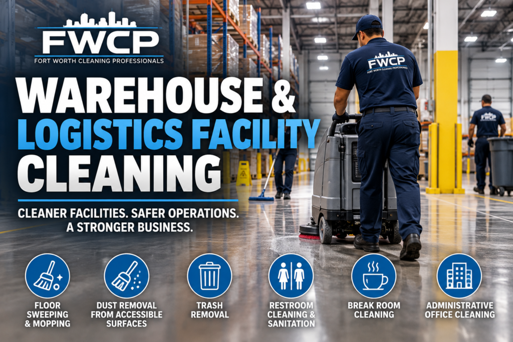 Fort Worth Cleaning Professionals warehouse cleaning services in Fort Worth, TX, featuring a commercial floor scrubber, warehouse floor cleaning, dust removal, and janitorial services.